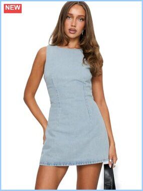 Denim Playsuit with Tie-Back Detail, Sleeveless Romper, Invisible Back Zip, 70%